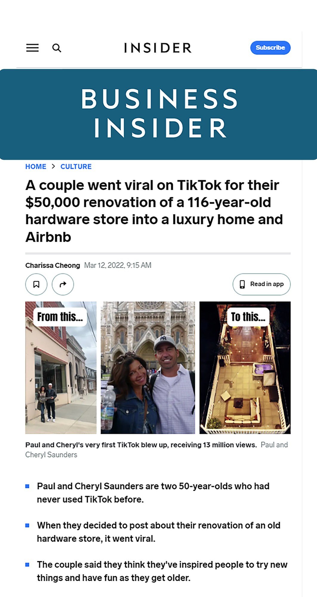 Business Insider article about Paul and Cheryl Saunders on a phone